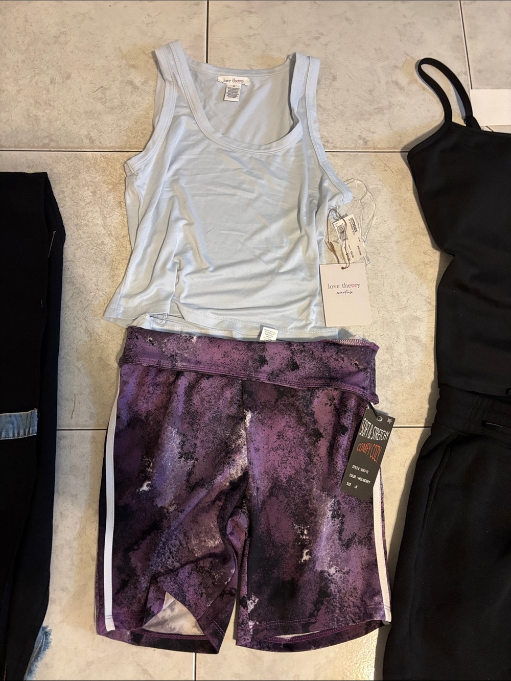 Theory Light Blue Tank with Purple Patterned Athletic Shorts